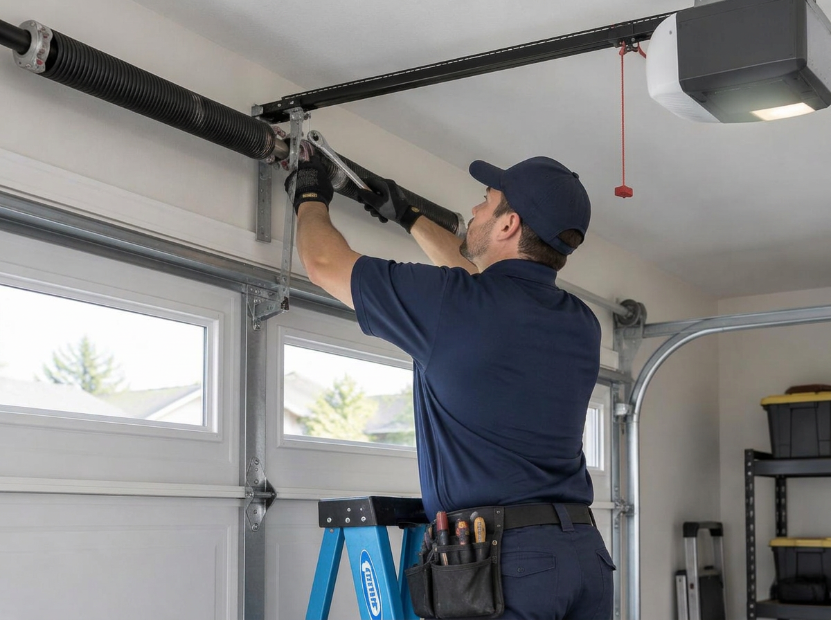 Technician repairing a garage door spring